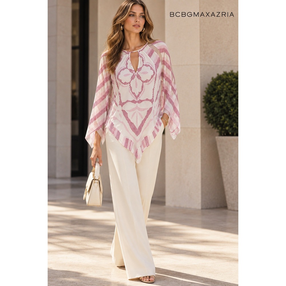 BCBGMAXAZRIA Elyza Print Block Top Pink White Geometric Print